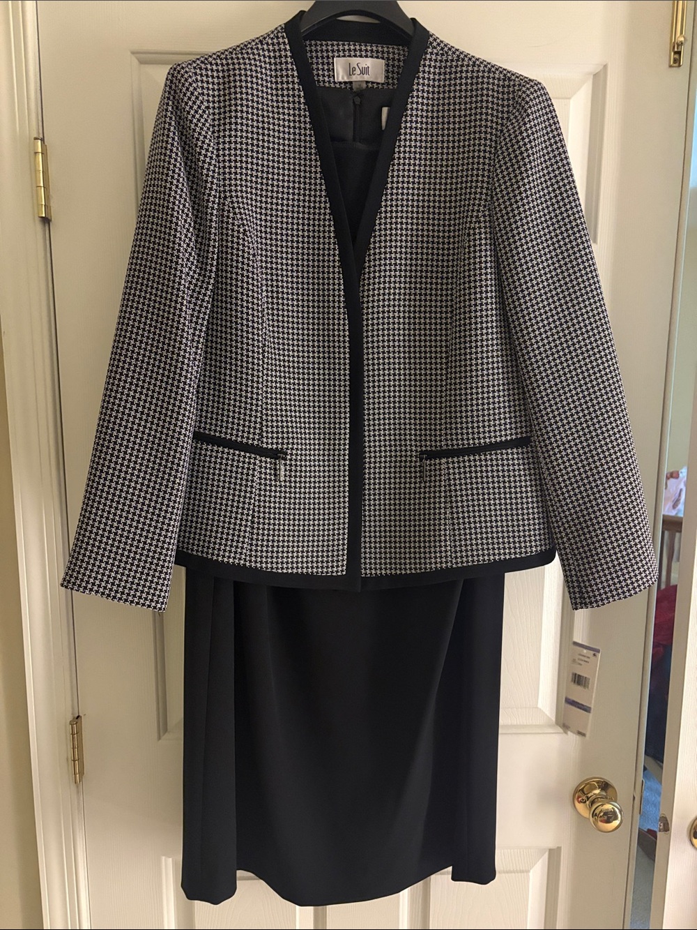 Le Suit Black & White Houndstooth Jacket with Black Dress